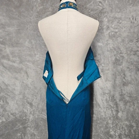 Alyce Design Teal 100% Silk Beaded Sequin Halter Gown Dress Vintage Prom Mermaid - Picture 5 of 9